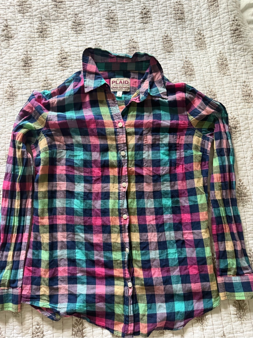 Old Navy Multicolor Plaid Button-Down Shirt - Pink, Blue, Green, Yellow